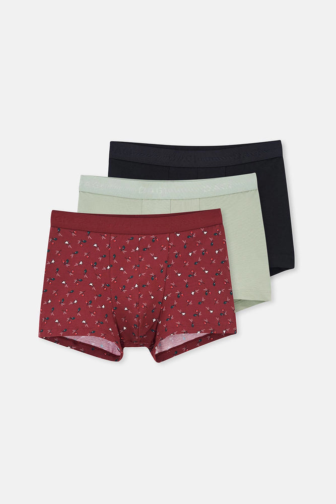 Bordo-Siyah 3'Lü Desenli Pamuk Boxer