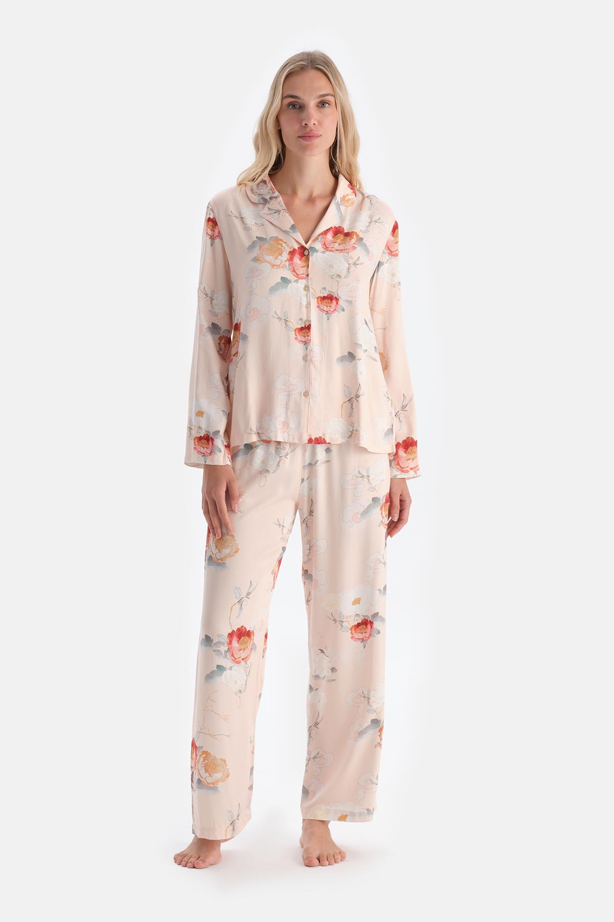 Krem Çiçekli Viskon Dokuma Pantolon Pijama Altı