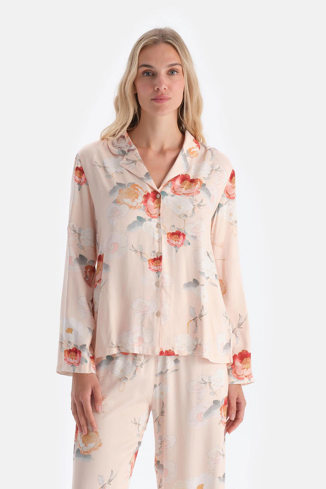 Krem Çiçekli Viskon Dokuma Gömlek Pijama Üstü
