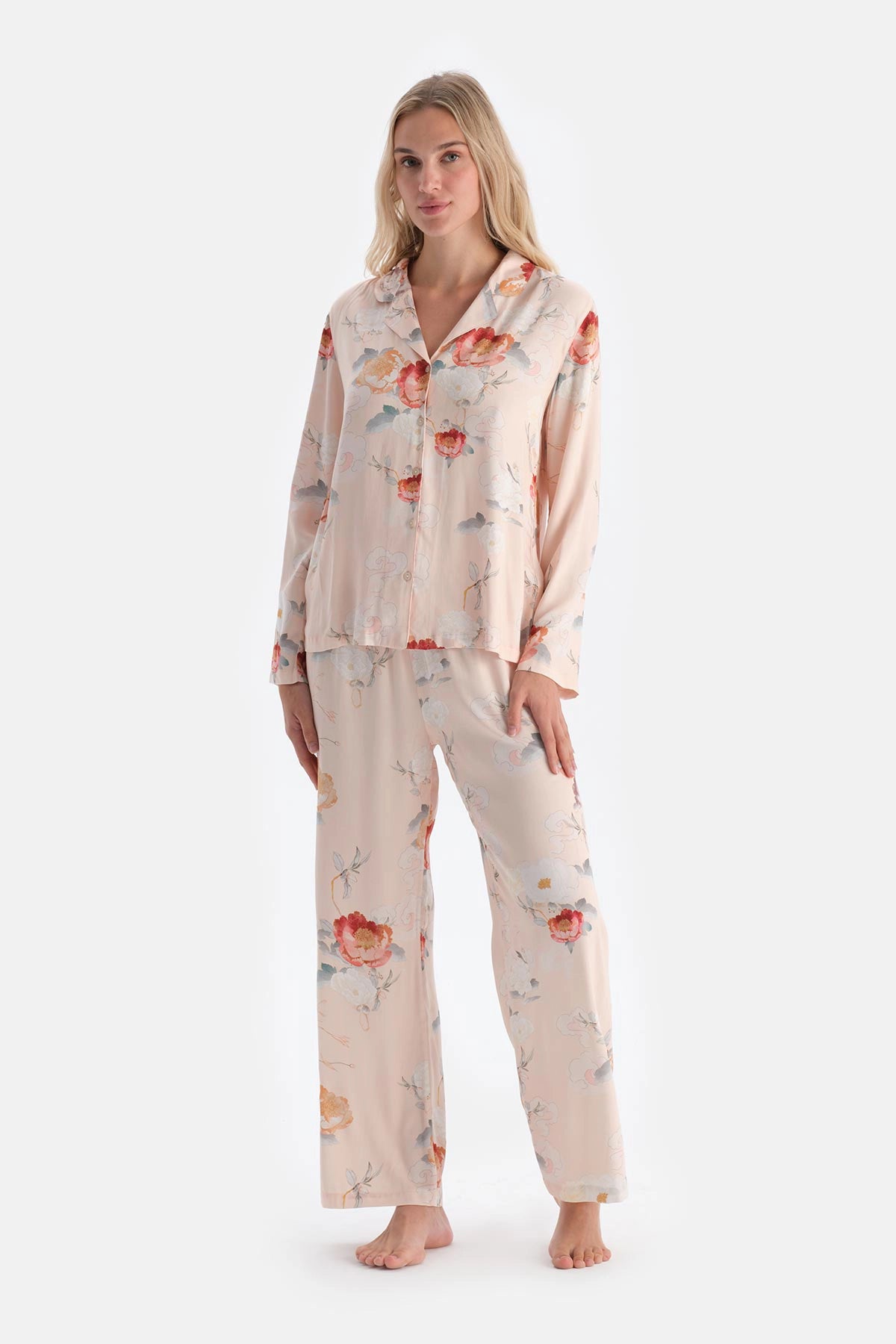 Krem Çiçekli Viskon Dokuma Gömlek Pijama Üstü