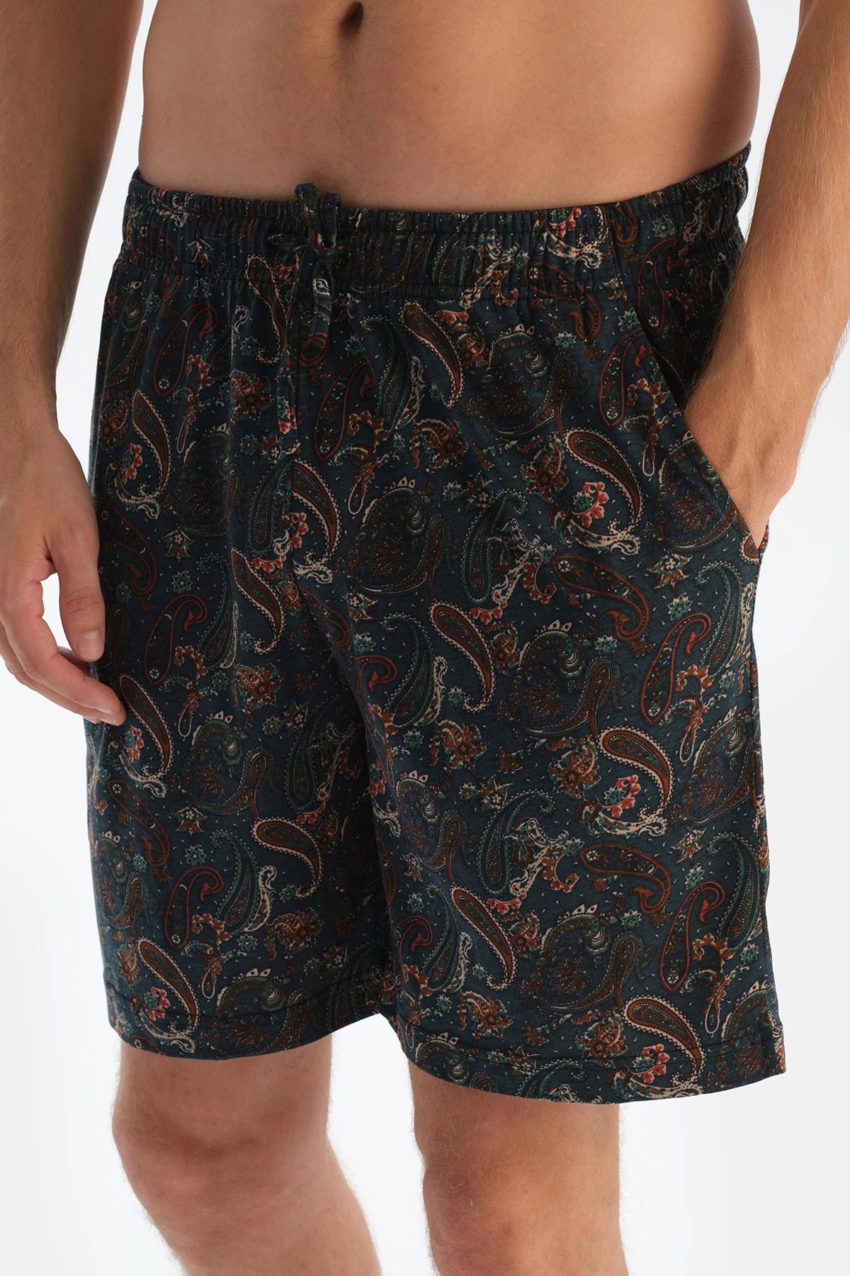 Ekru Bisiklet Yaka Kısa Kollu Tişört Şal Desenli Şortlu Pijama Takımı