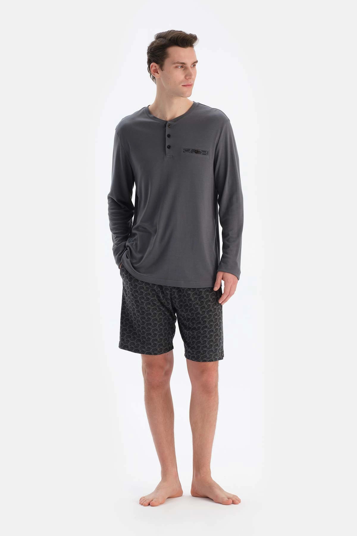 Füme Tshırt Pantolon Şort Üçlü Groom Set Pijama Takımı