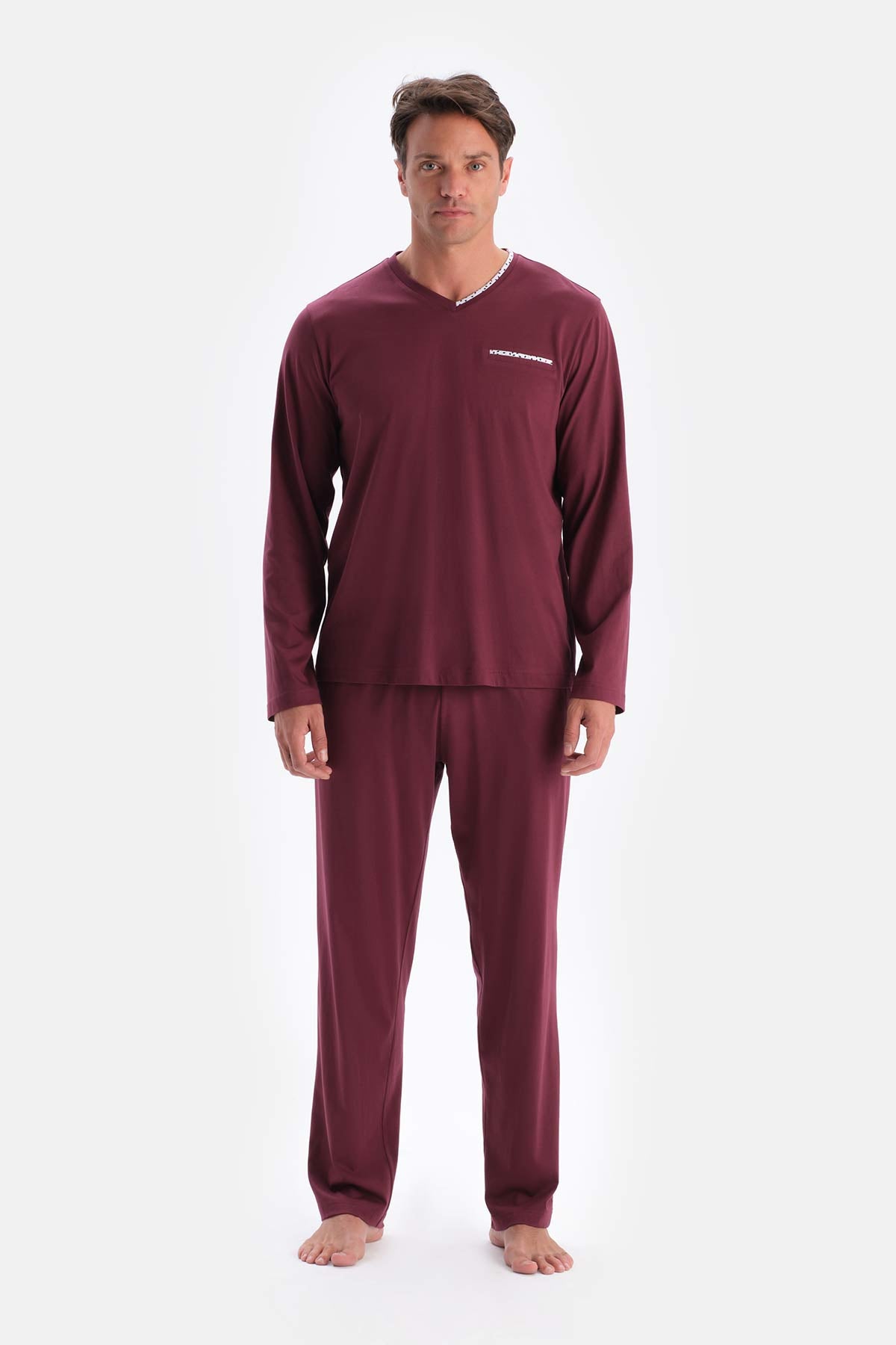 Bordo V Yaka Uzun Kollu Pamuk Modal Pijama Takımı