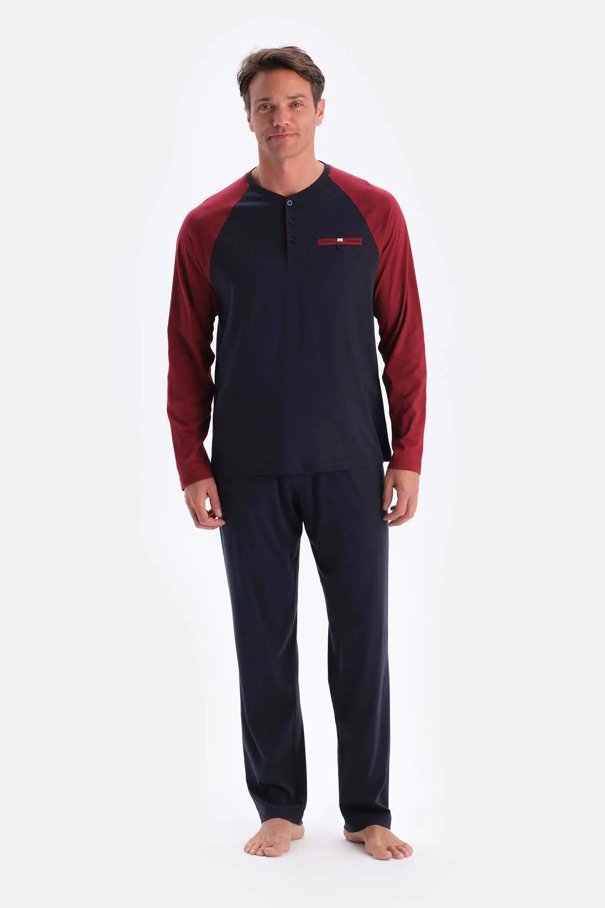 Lacivert Reglan Kol Garnili Pamuk Modal Pijama Takımı