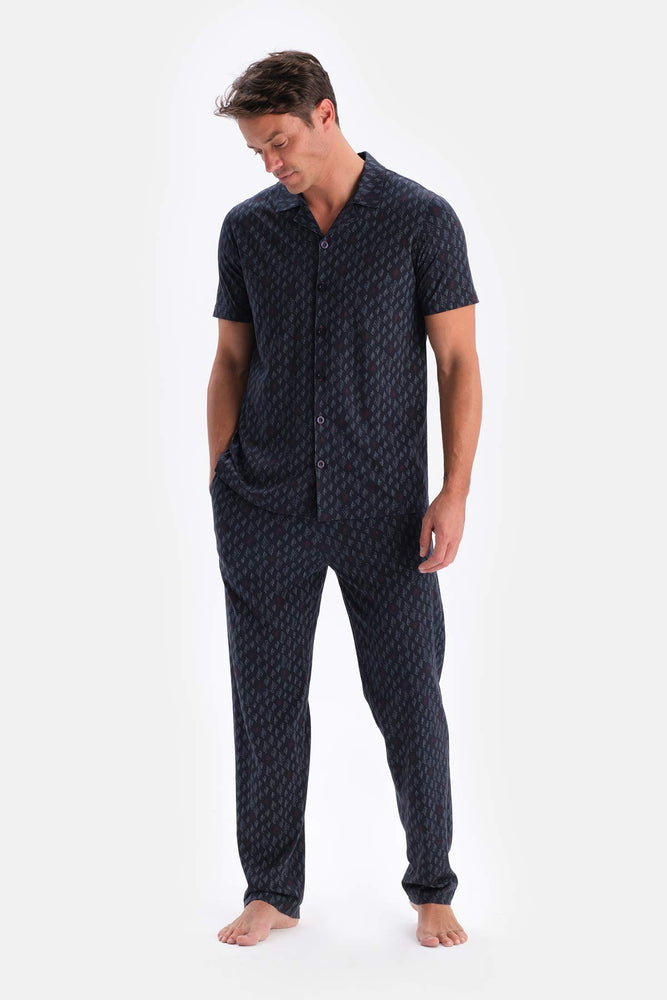 Lacivert Metraj Baskılı Pamuk Modal Gömlek Pantolon Pijama Takımı