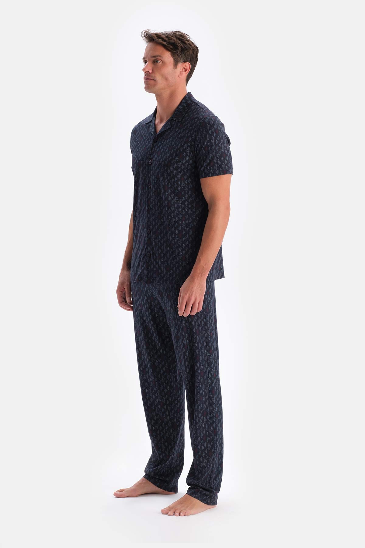 Lacivert Metraj Baskılı Pamuk Modal Gömlek Pantolon Pijama Takımı