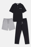 Siyah Yarım Patlı Kısa Kollu Şort Pantolon Üçlü Pijama Takımı