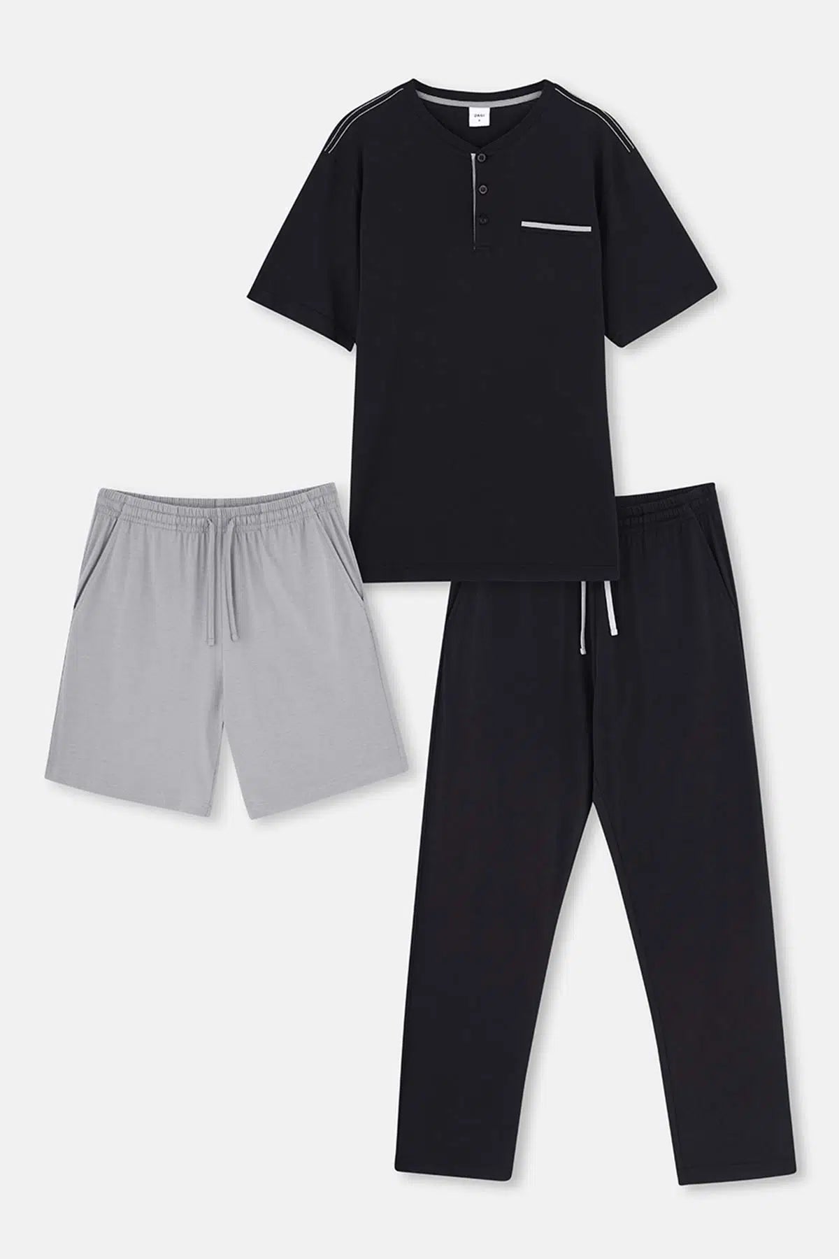 Siyah Yarım Patlı Kısa Kollu Şort Pantolon Üçlü Pijama Takımı