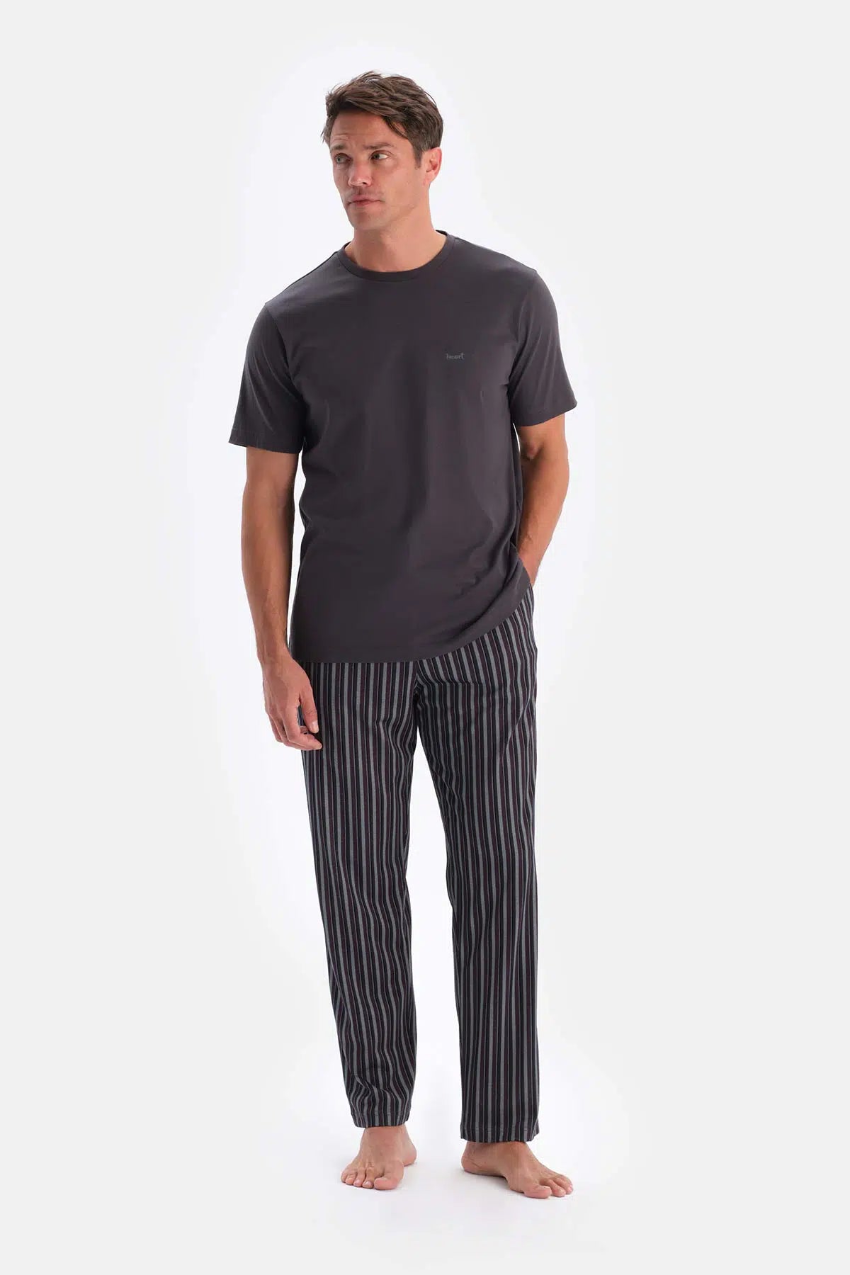 Füme Kısa Kollu Bisiklet Yaka Altı Çizgi Metraj Baskılı Pijama Takımı