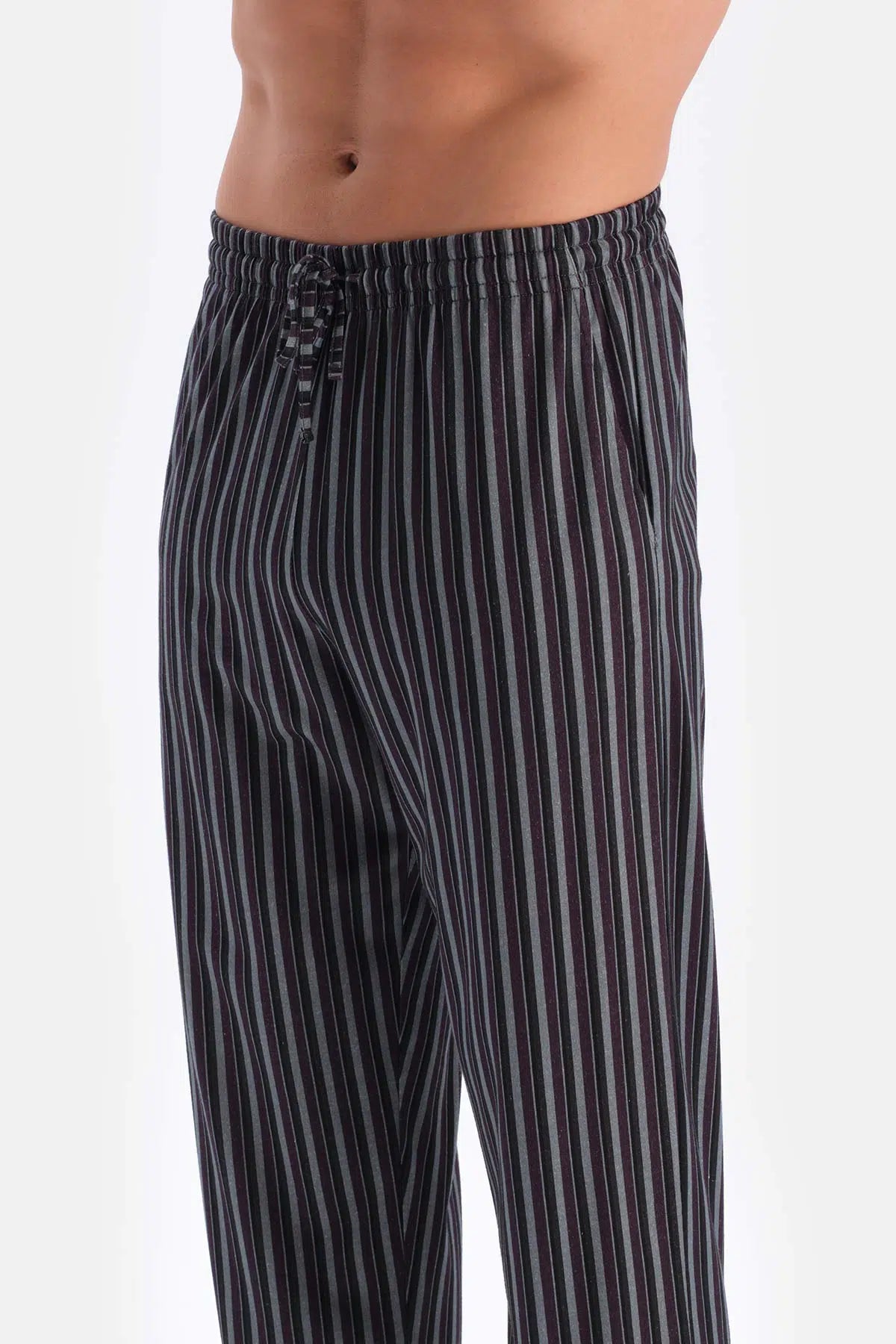 Füme Kısa Kollu Bisiklet Yaka Altı Çizgi Metraj Baskılı Pijama Takımı