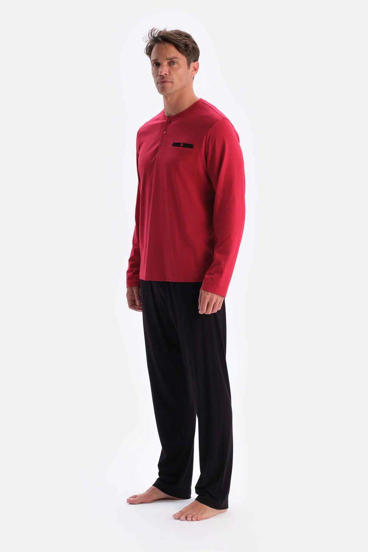 Bordo Yarım Patlı Uzun Kollu Şort Pantolon Üçlü Pijama Takımı