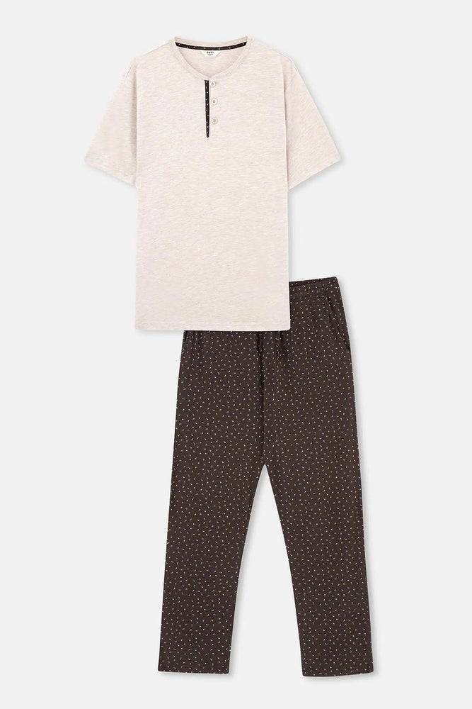 Bej Yarım Patlı Kısa Kollu Pamuklu Pijama Takımı