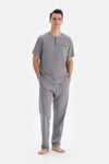 Gri Yarım Patlı Kısa Kollu Örme Pijama Takımı