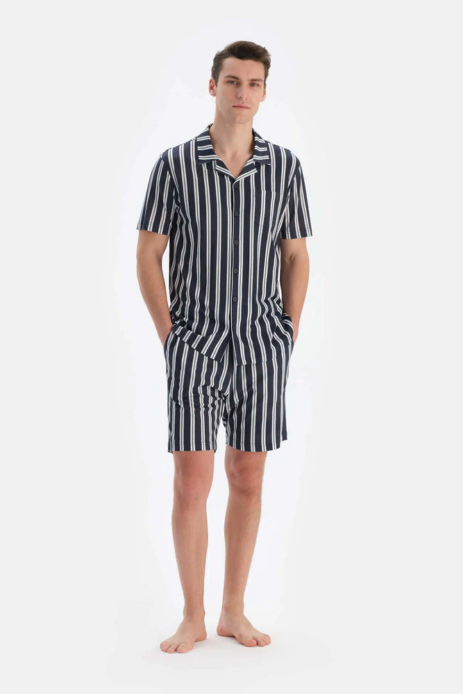 Multicolor Çizgili Gömlek Şort Penye Modal Pijama Takımı