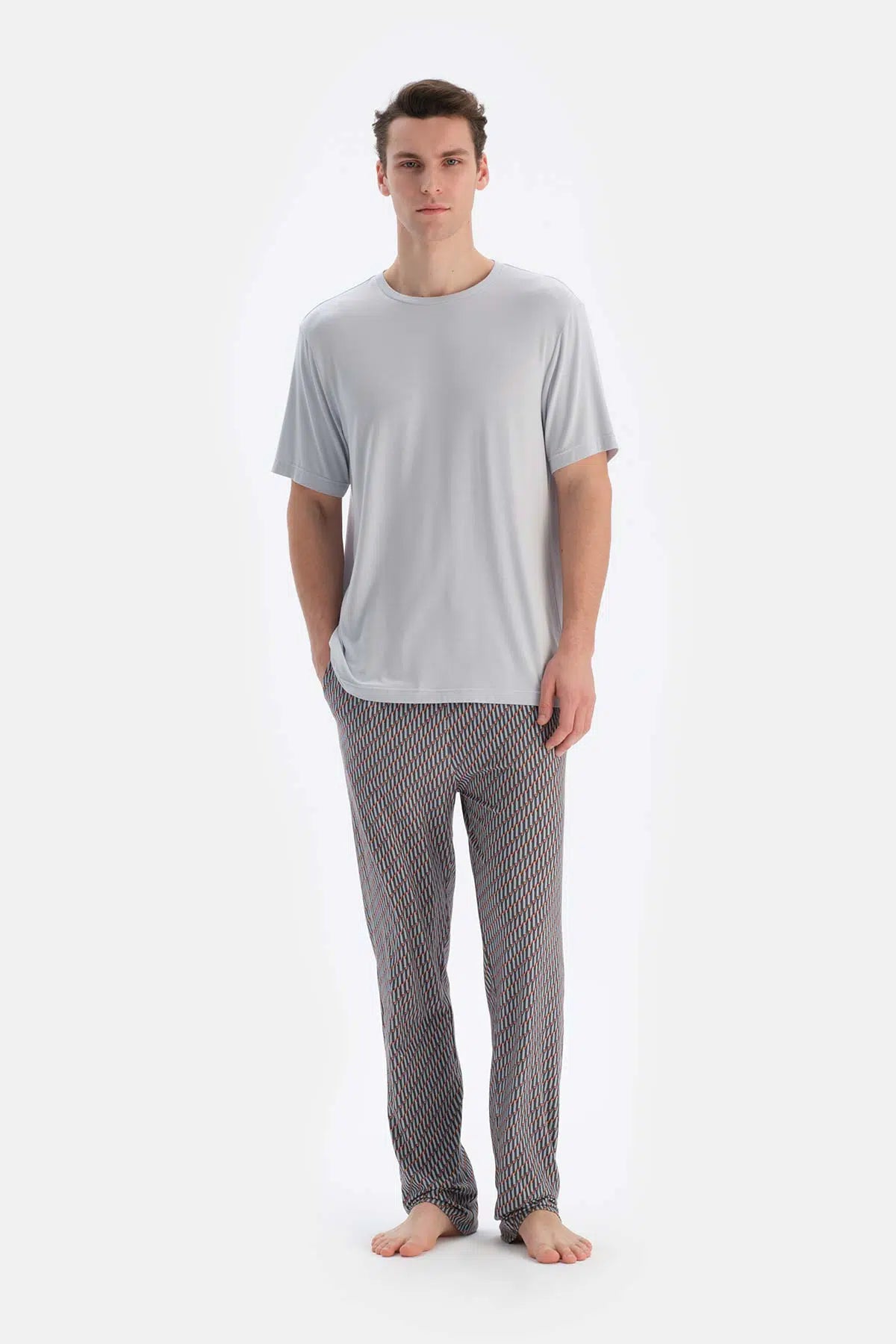 Buz Mavisi Buz si Bisiklet Yaka Kısa Kollu Tişört Pantolon Pijama Takımı