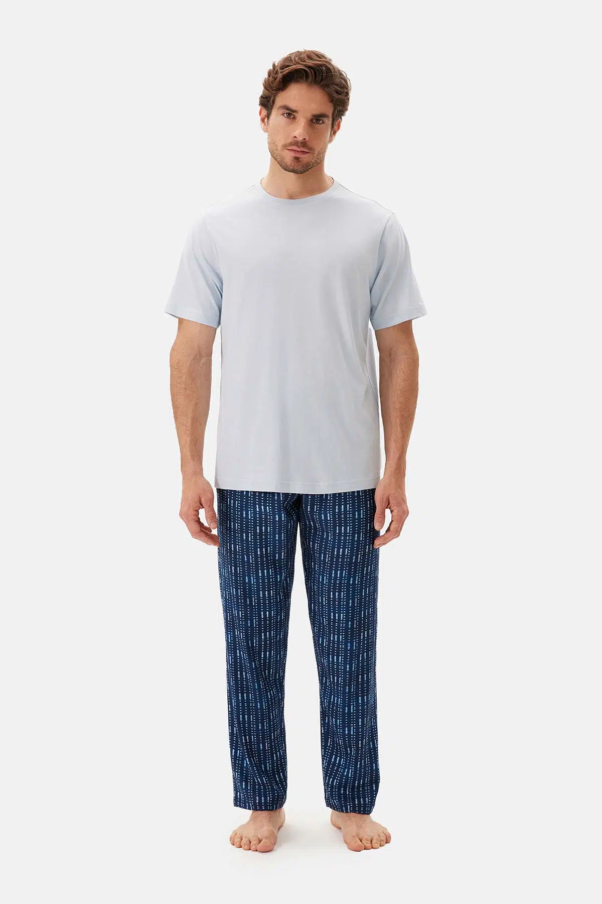 Mavi Bis Yaka Kısa Kollu Pijama Takımı