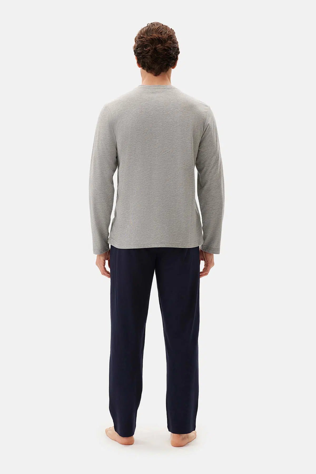 Gri Melanj Uzun Kollu Patlı Tişört Pantolon Pijama Takımı