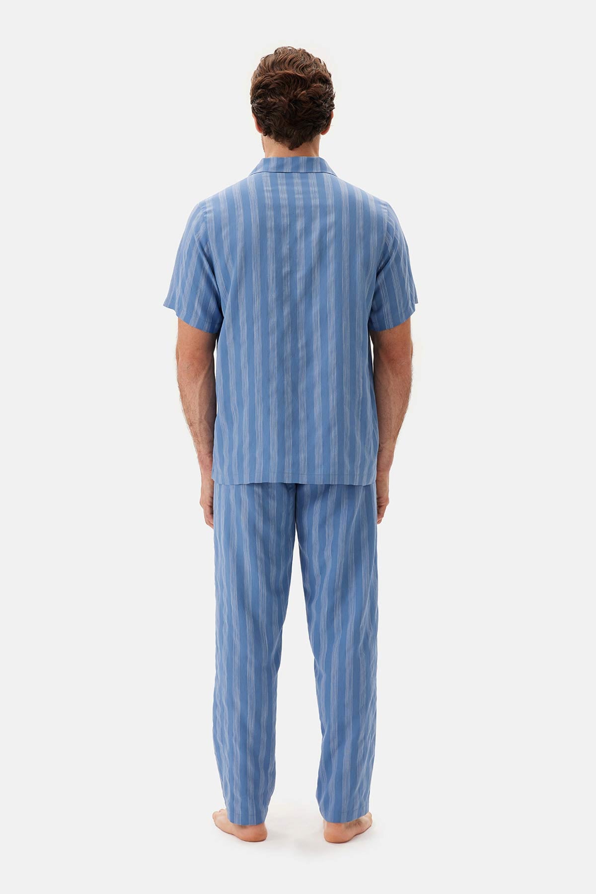 Mavi Çizgili Dokuma Gömlek Pijama Üstü