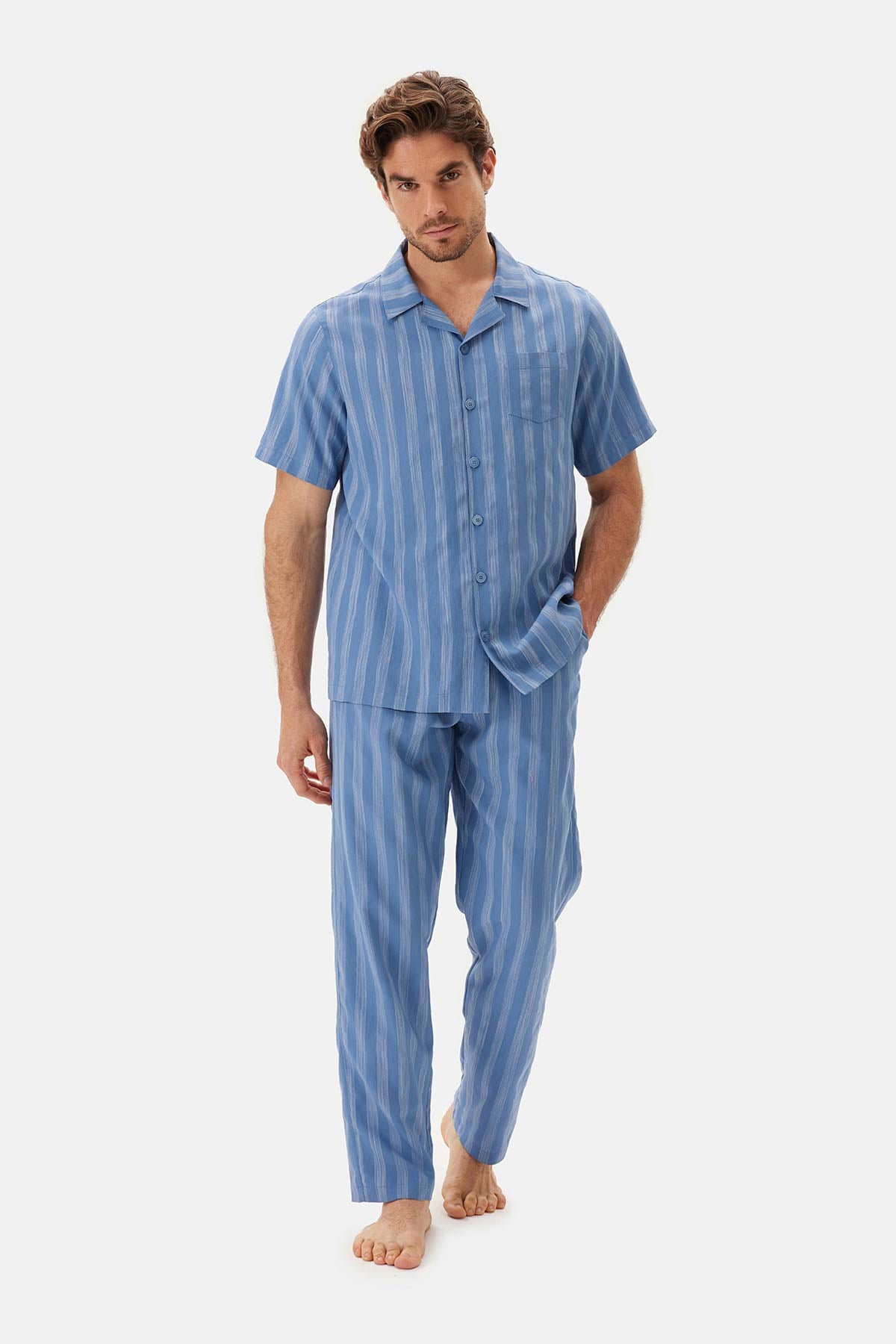 Mavi Çizgili Dokuma Gömlek Pijama Üstü