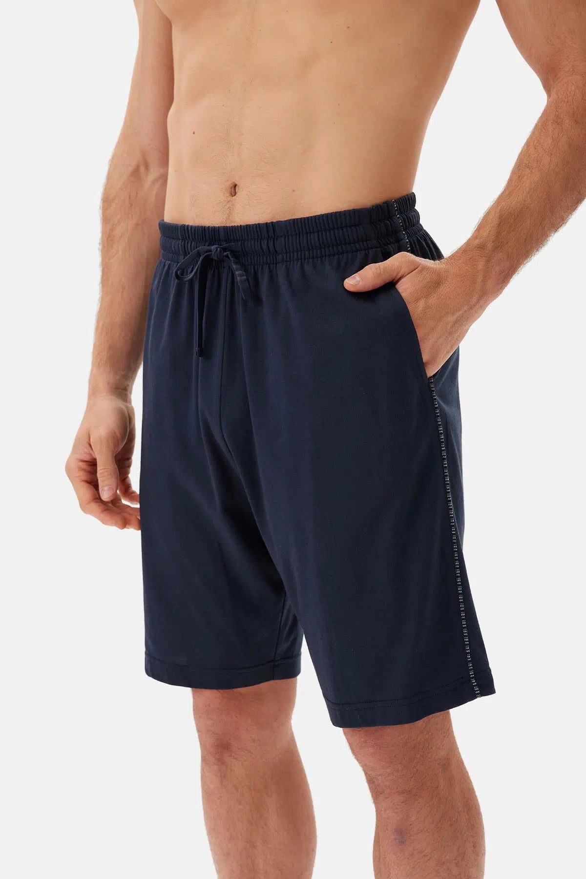 Lacivert Bis Yaka Jakarlı Tişört Şort Pijama Takımı