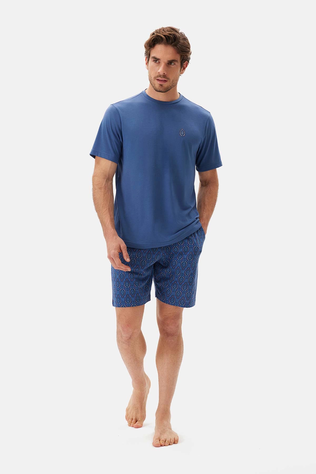 Lacivert Bisiklet Yaka Kısa Kol Şortlu Pijama Takımı