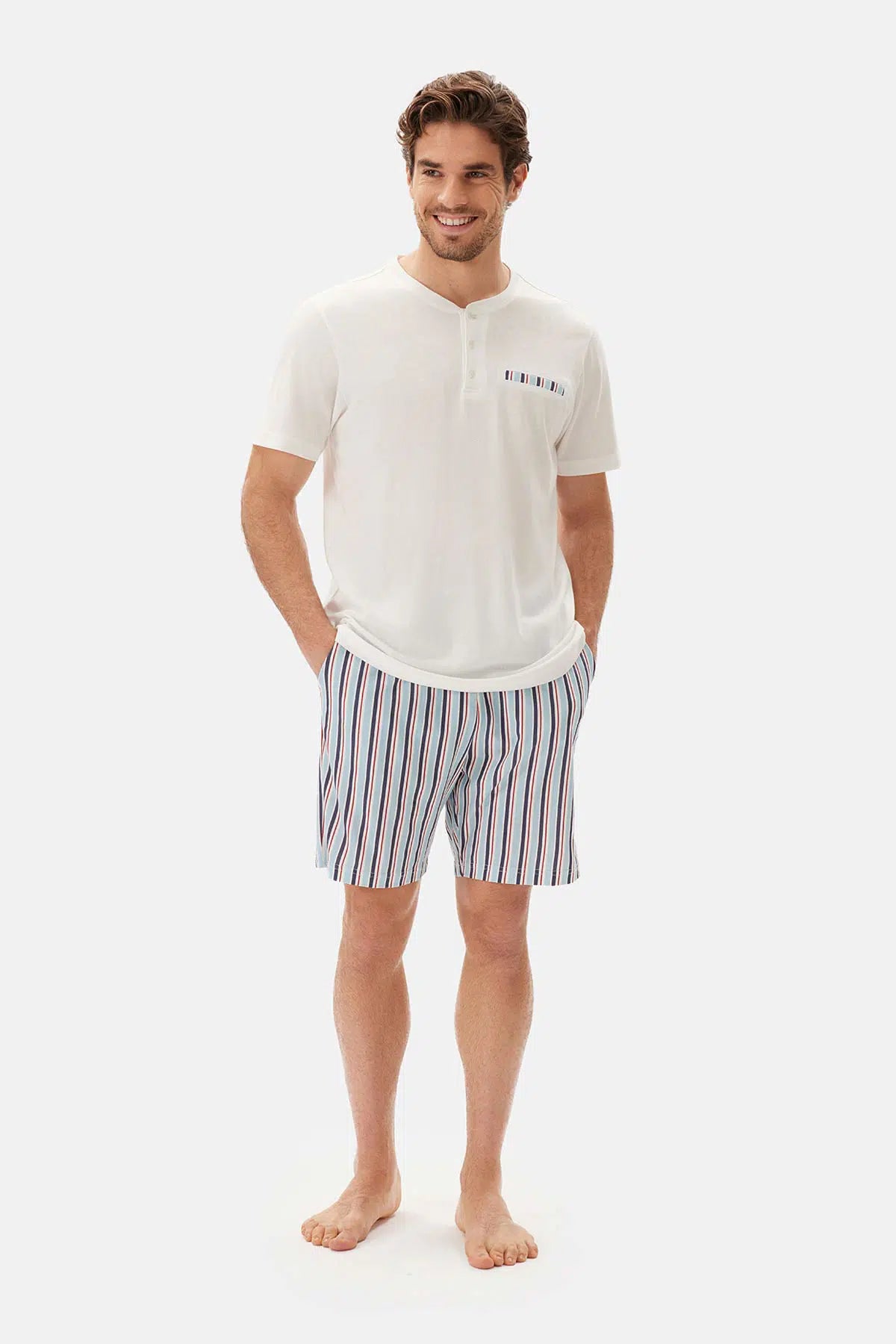 Ekru Yarım Patlı Kısa Kollu Şort Pijama Takımı