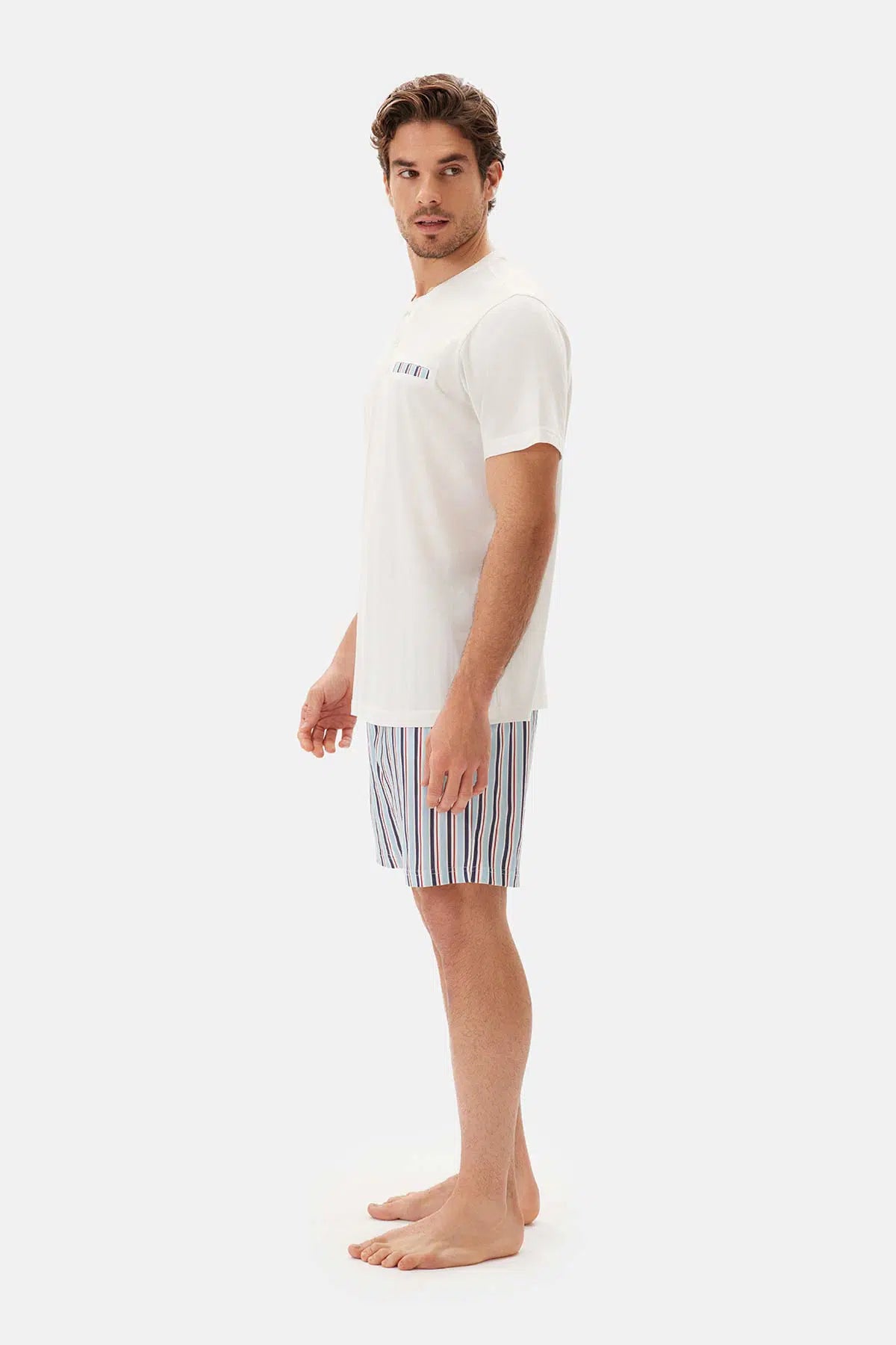 Ekru Yarım Patlı Kısa Kollu Şort Pijama Takımı