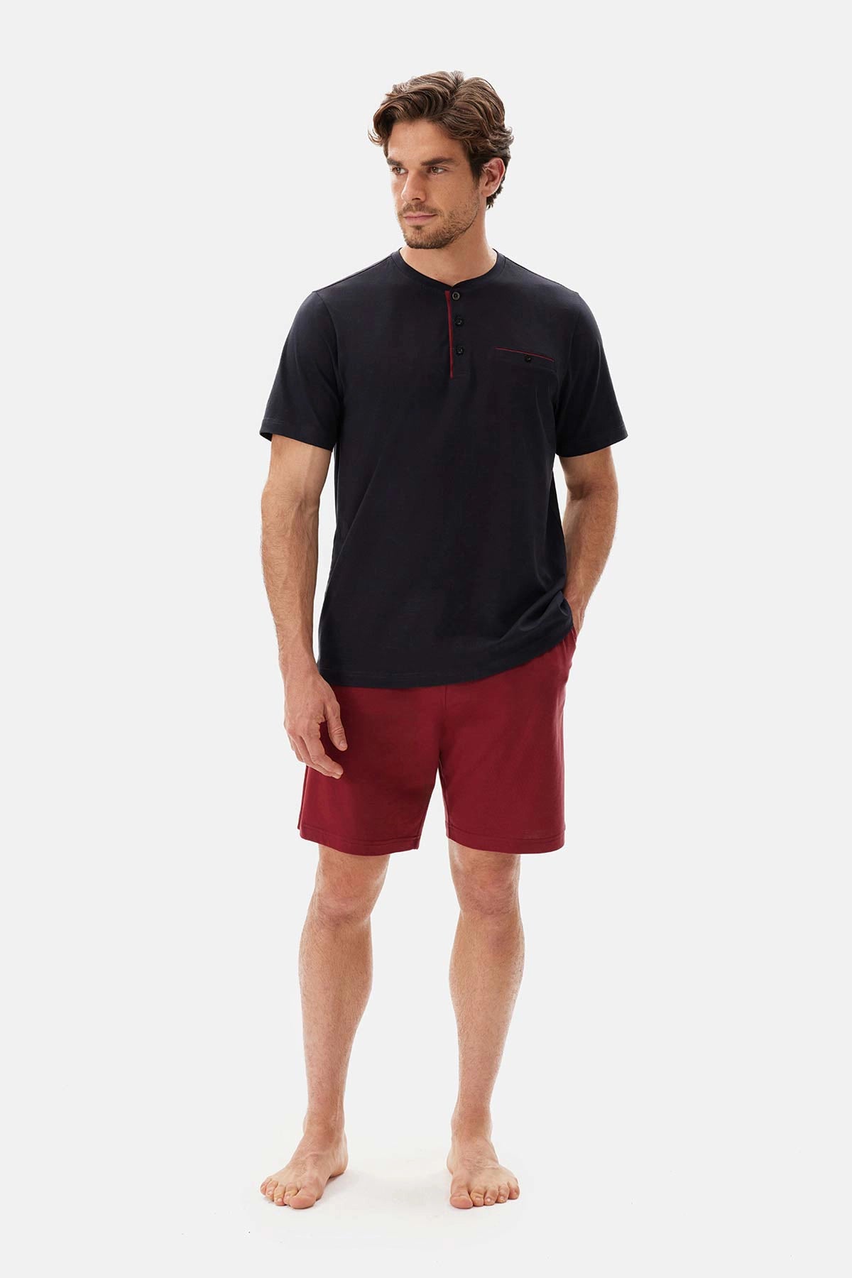 Lacivert Yarım Patlı Kısa Kollu Şort Pijama Takımı