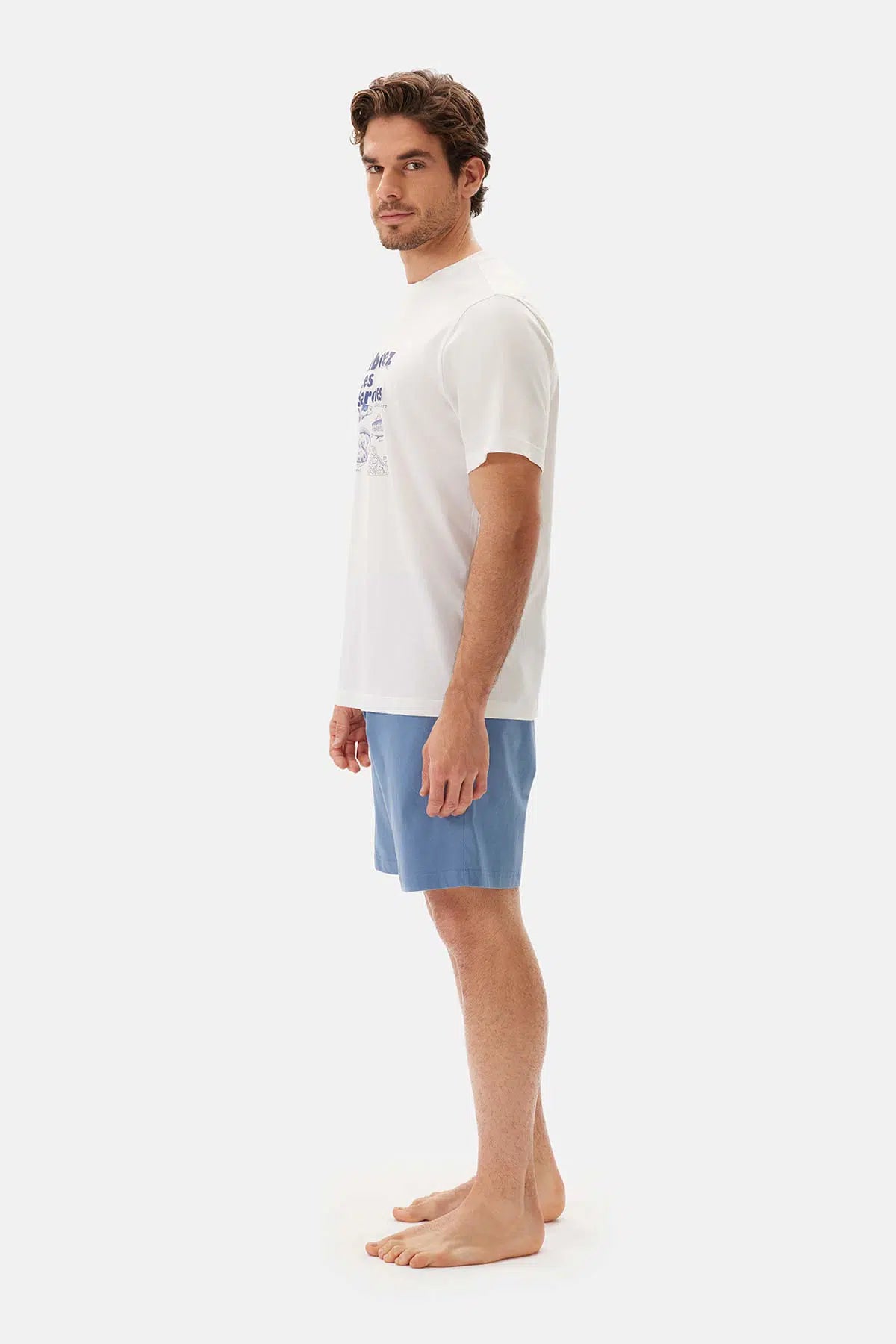 Ekru Bis Yaka Baskılı Kısa Kollu Şort Pijama Takımı