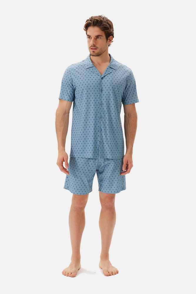 Mavi Desenli Gömlek Yaka Modal Şortlu Pijama Takımı
