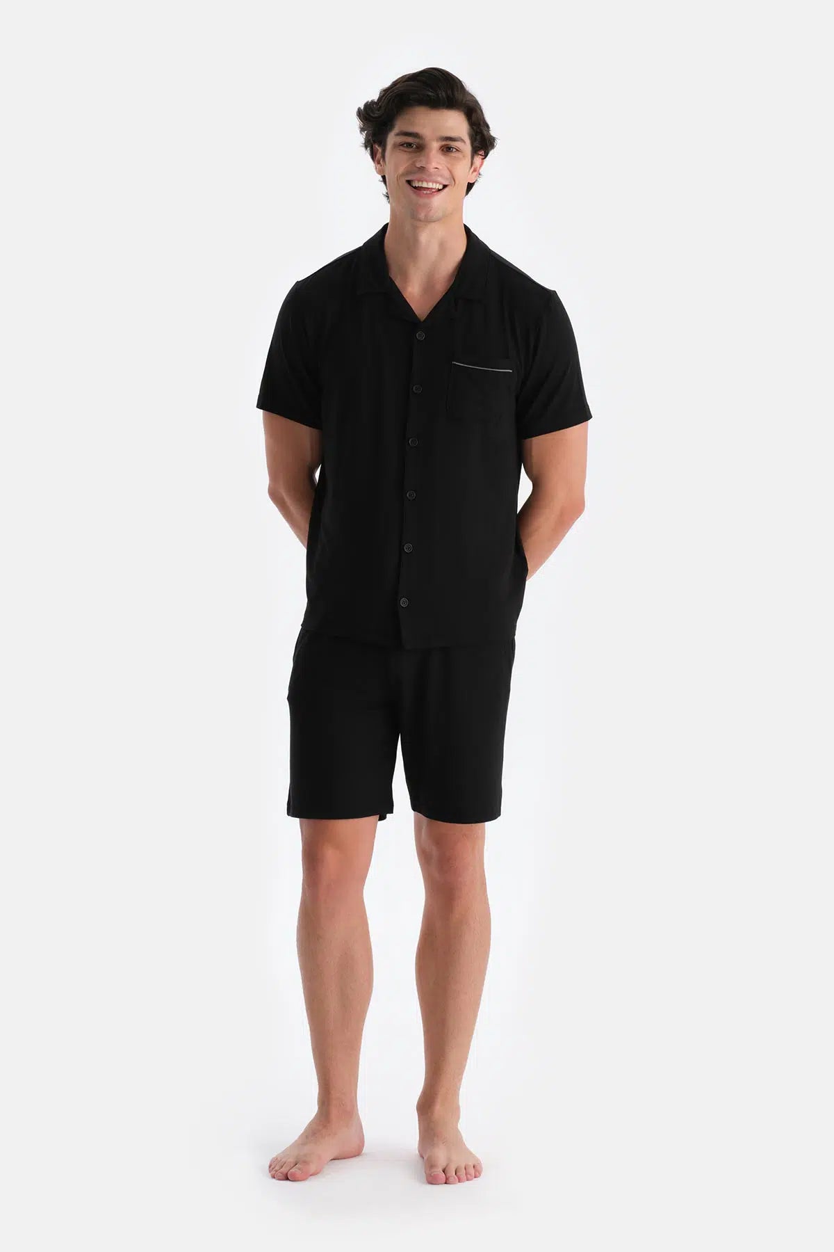 Siyah Gömlek Yaka Şort Pijama Takımı