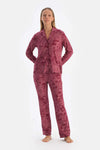 Bordo Şal Desenli Pamuk Modal Gömlek Pantolon Pijama Takımı