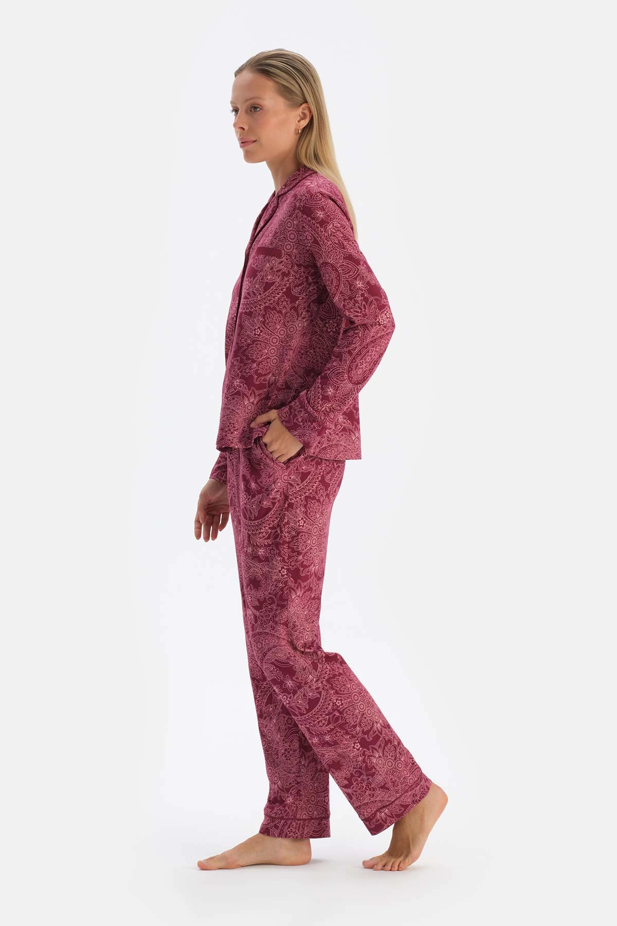 Bordo Şal Desenli Pamuk Modal Gömlek Pantolon Pijama Takımı