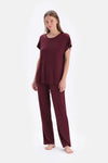 Bordo Dantel Garnili Viskon Tişört Pantolon Pijama Takımı