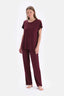 Bordo Dantel Garnili Viskon Tişört Pantolon Pijama Takımı