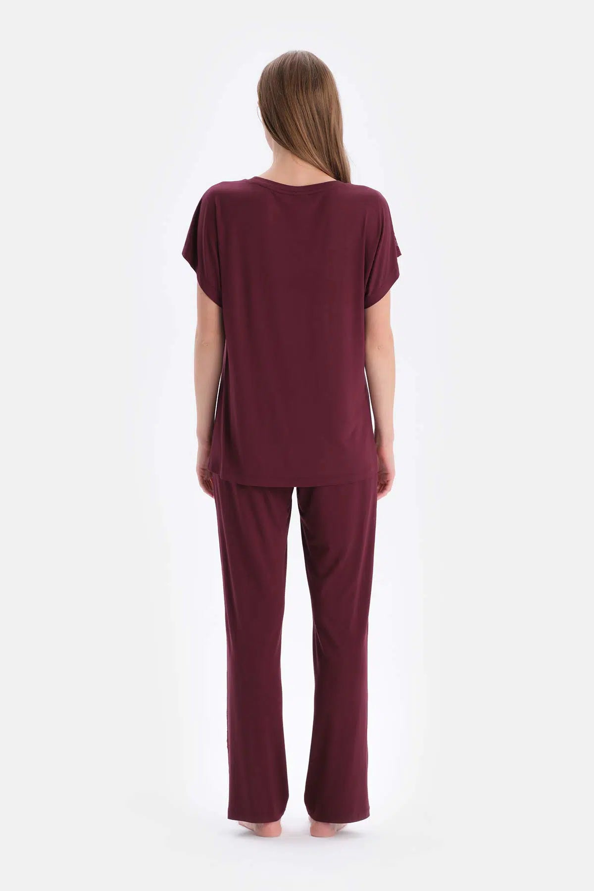 Bordo Dantel Garnili Viskon Tişört Pantolon Pijama Takımı