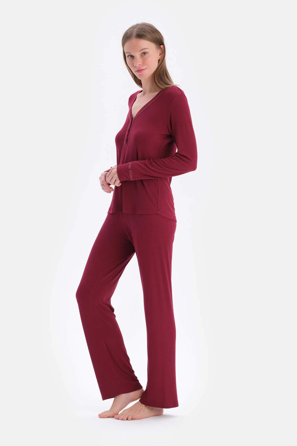 Mürdüm Ribli Uzun Kollu Viskon Tişört Pantolon Pijama Takımı