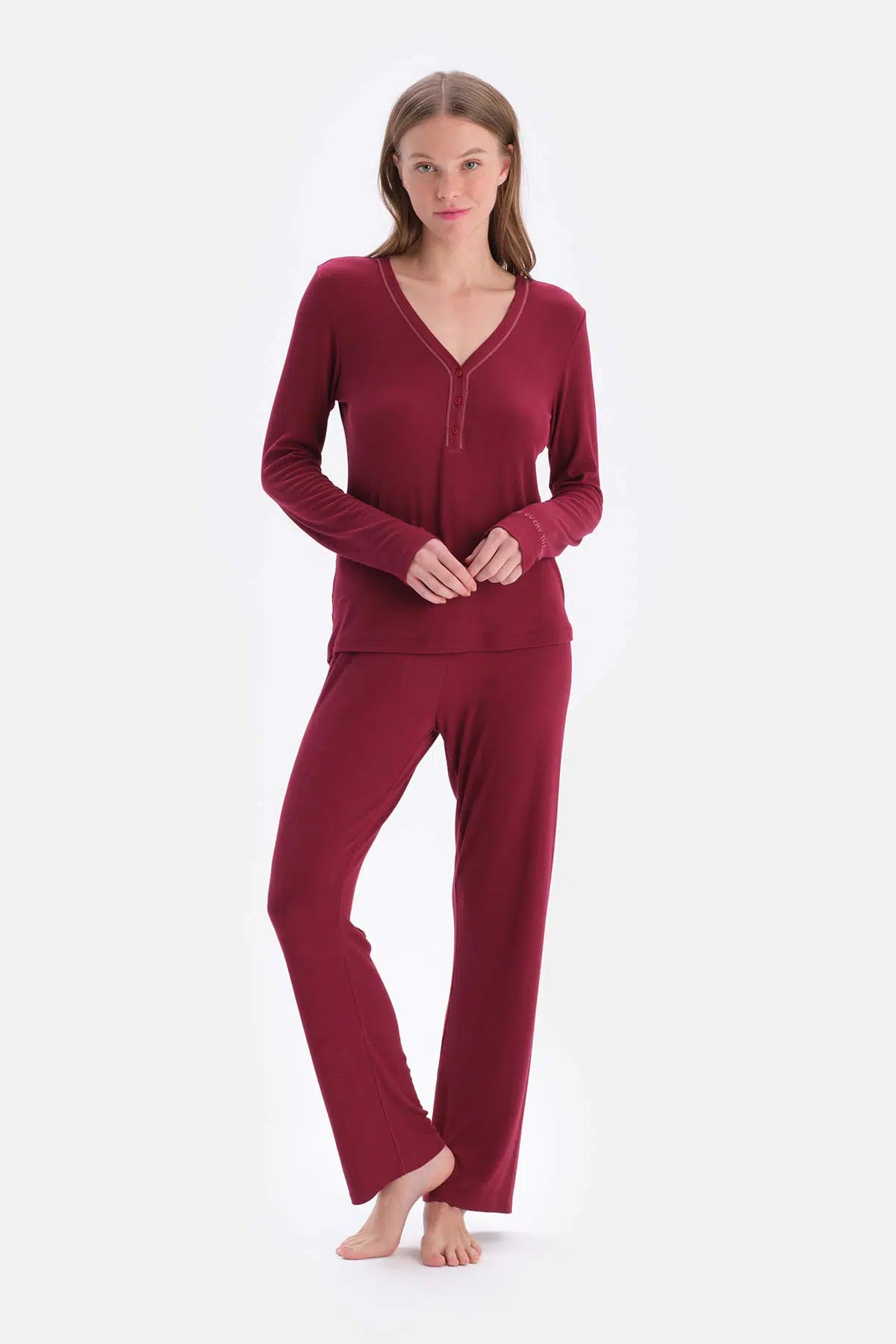 Mürdüm Ribli Uzun Kollu Viskon Tişört Pantolon Pijama Takımı