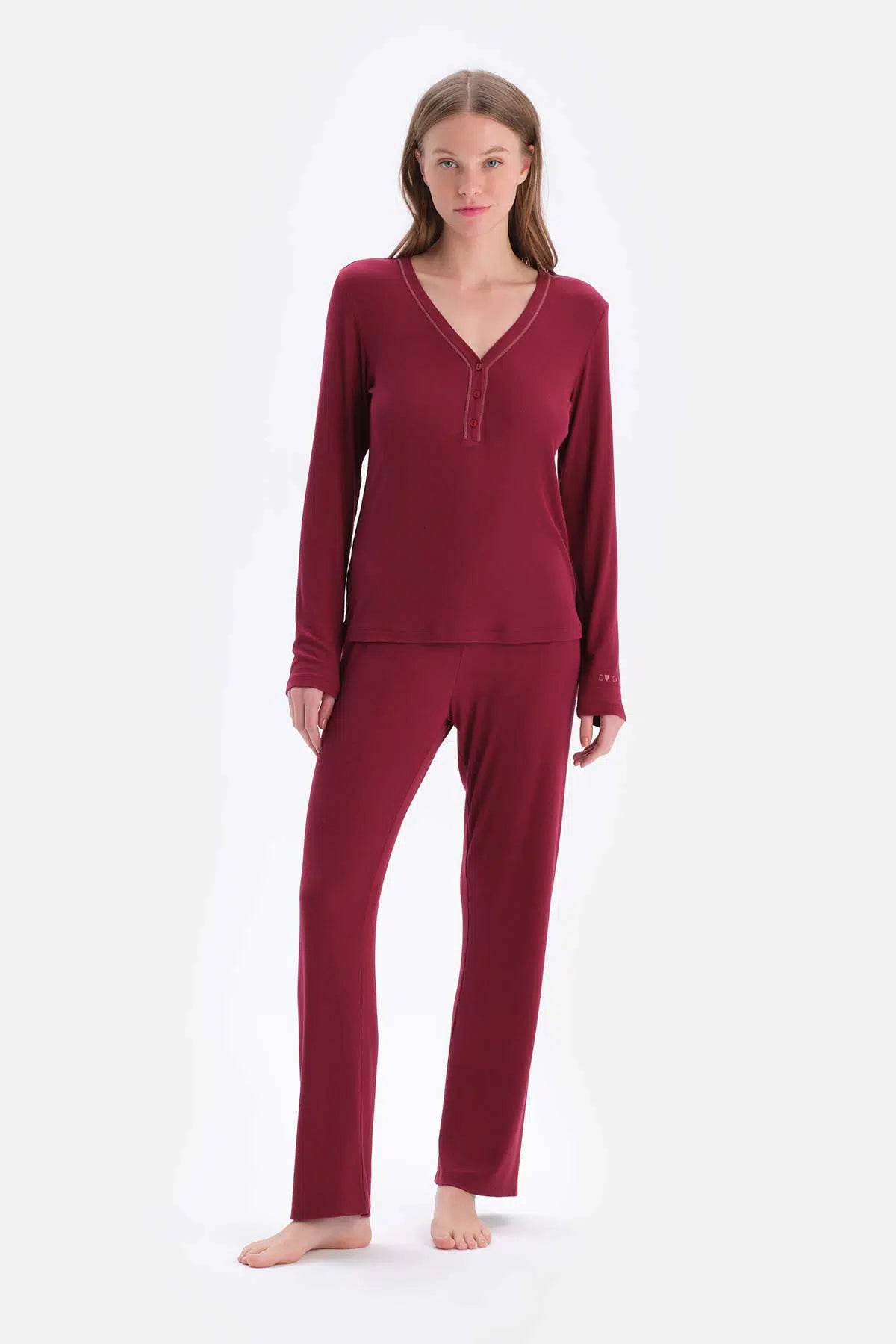 Mürdüm Ribli Uzun Kollu Viskon Tişört Pantolon Pijama Takımı