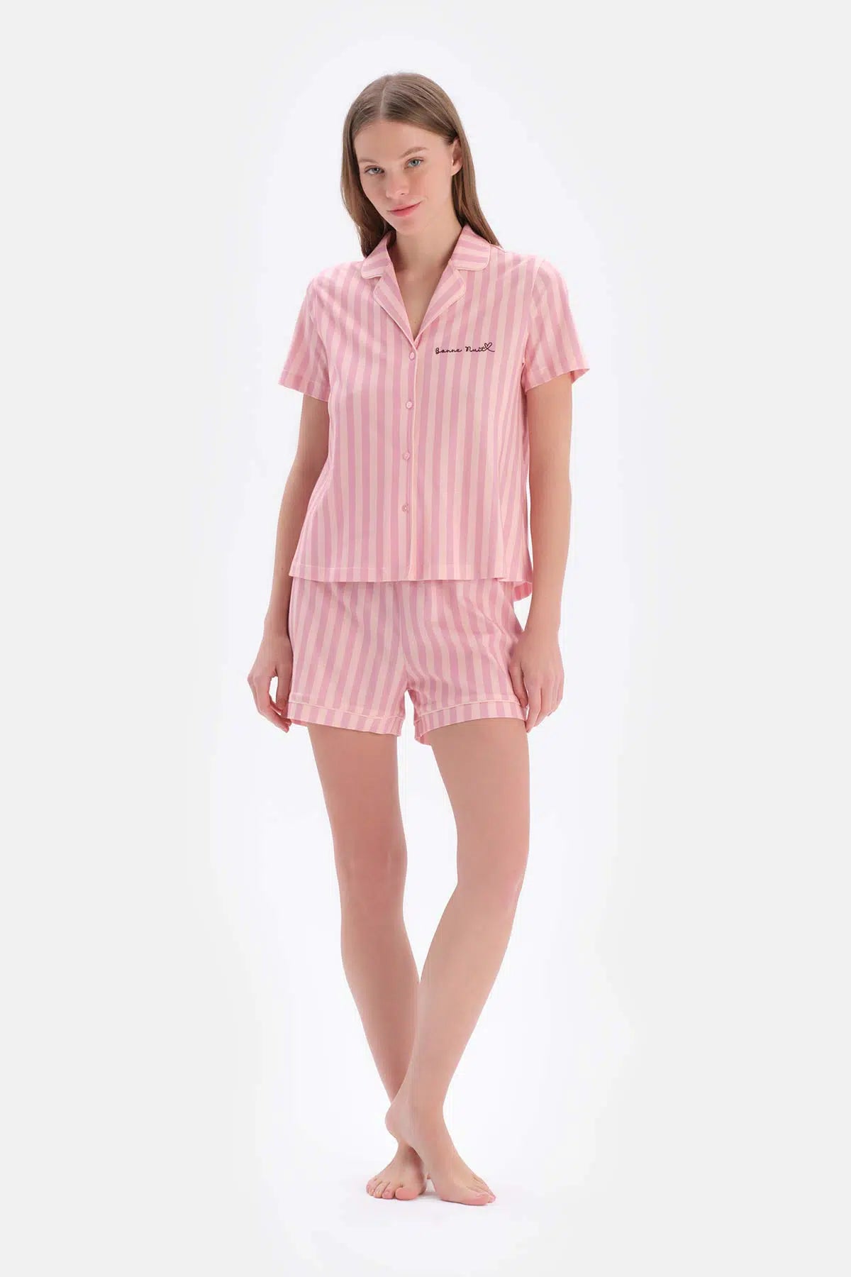 Açık Pembe Çizgili Modal Şortlu Pijama Takımı