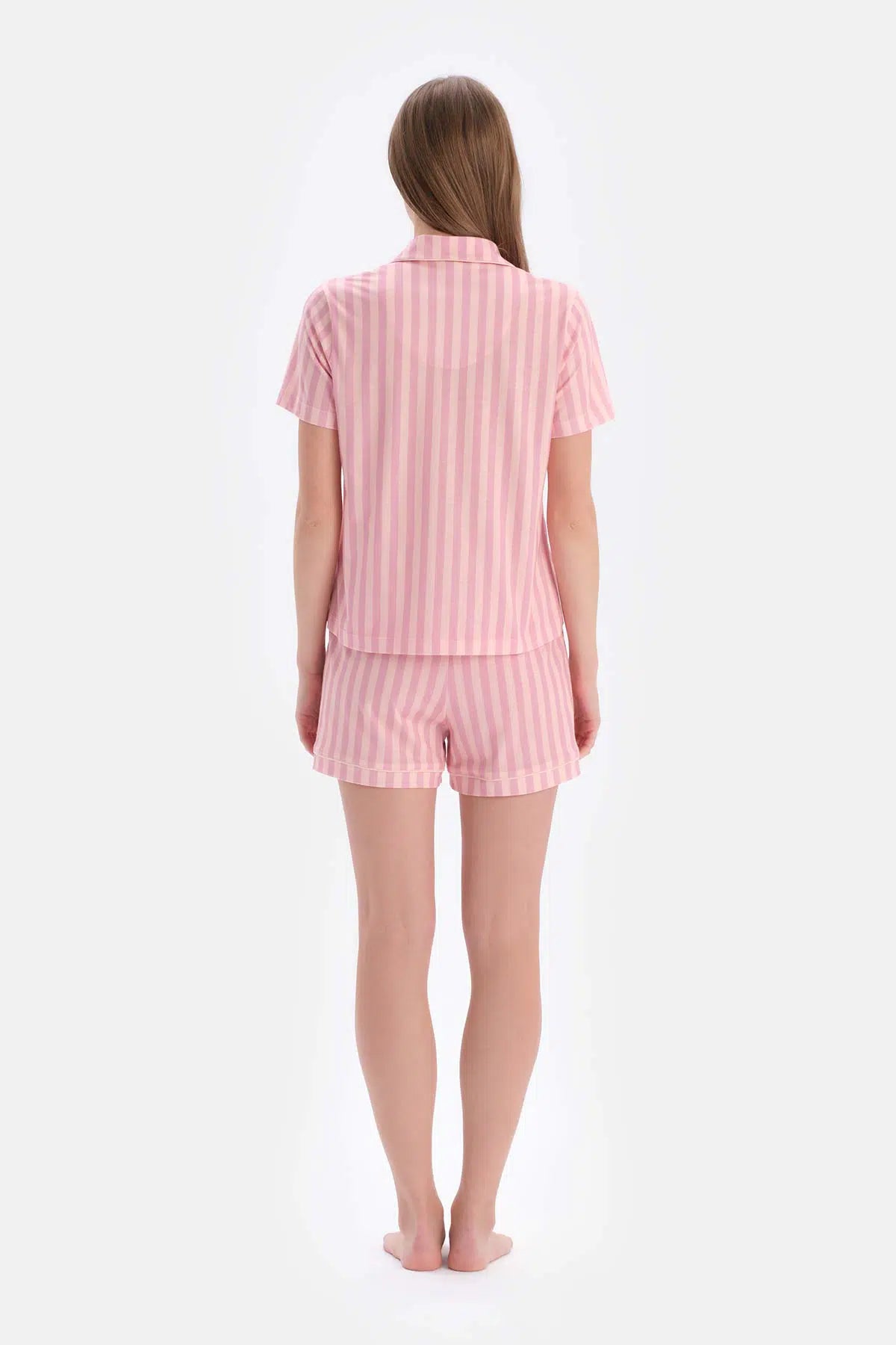 Açık Pembe Çizgili Modal Şortlu Pijama Takımı