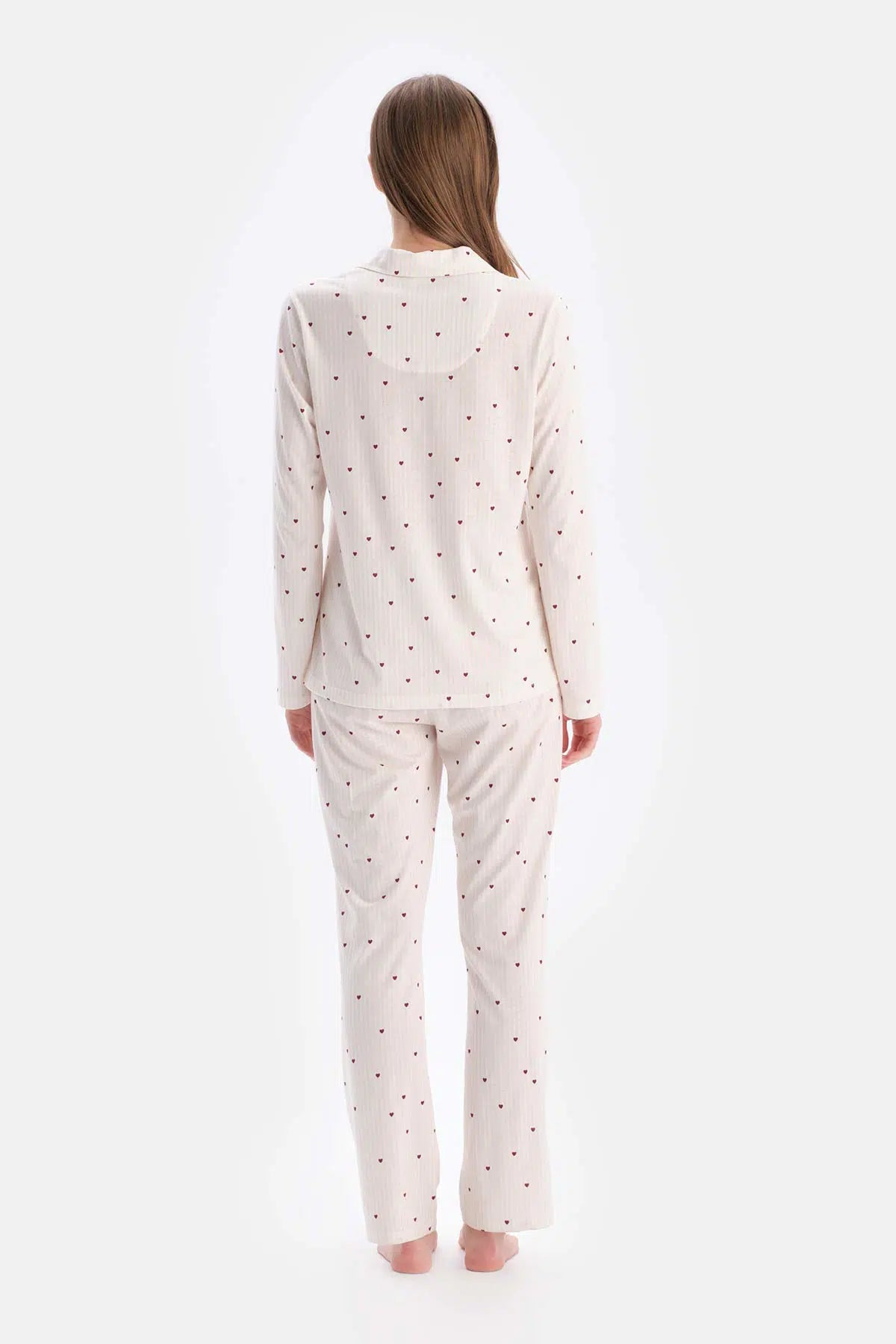 Ekru Minik Kalp Baskılı Süprem Gömlek Pantolon Pijama Takımı