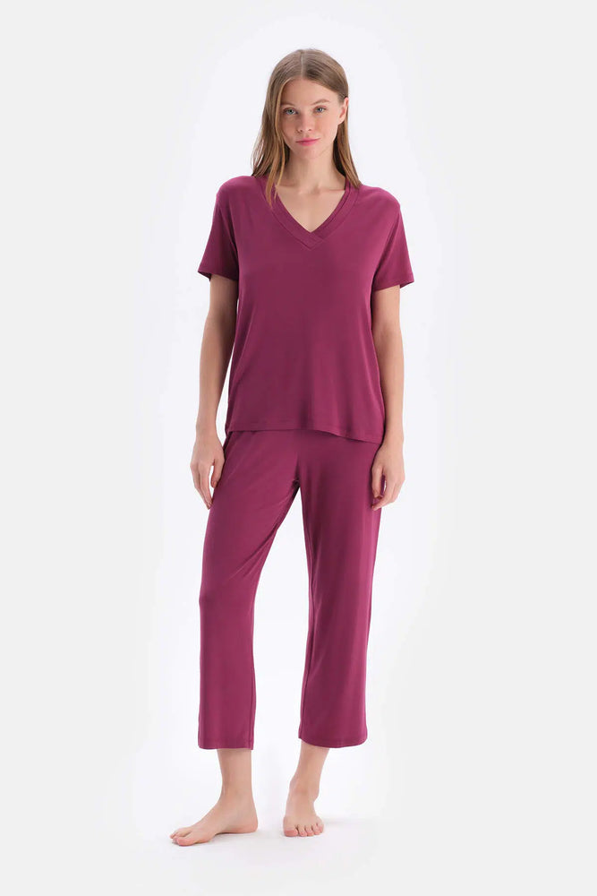 Bordo Kısa Kollu V Yaka Basıc Viskon Tişört Pantolon Pijama Takımı