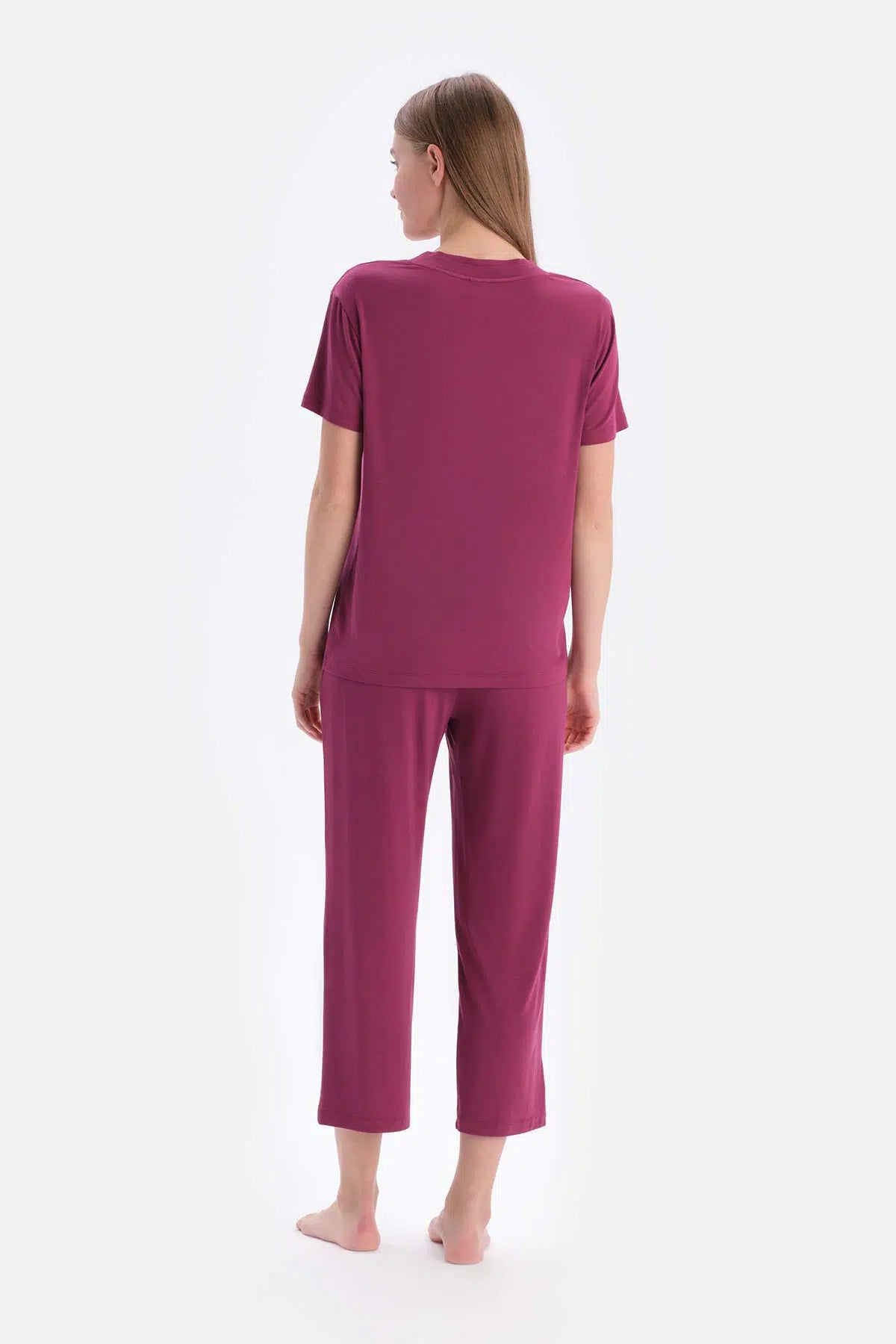 Bordo Kısa Kollu V Yaka Basıc Viskon Tişört Pantolon Pijama Takımı