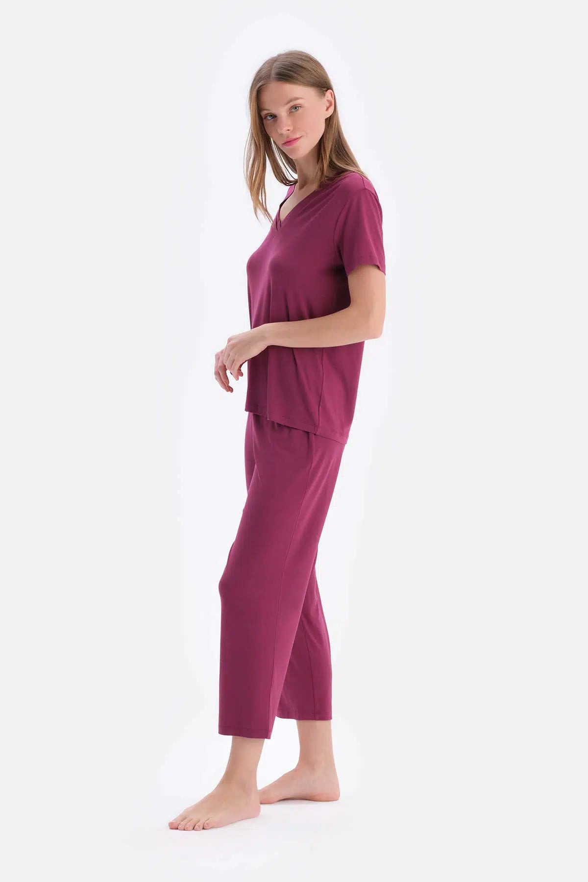 Bordo Kısa Kollu V Yaka Basıc Viskon Tişört Pantolon Pijama Takımı