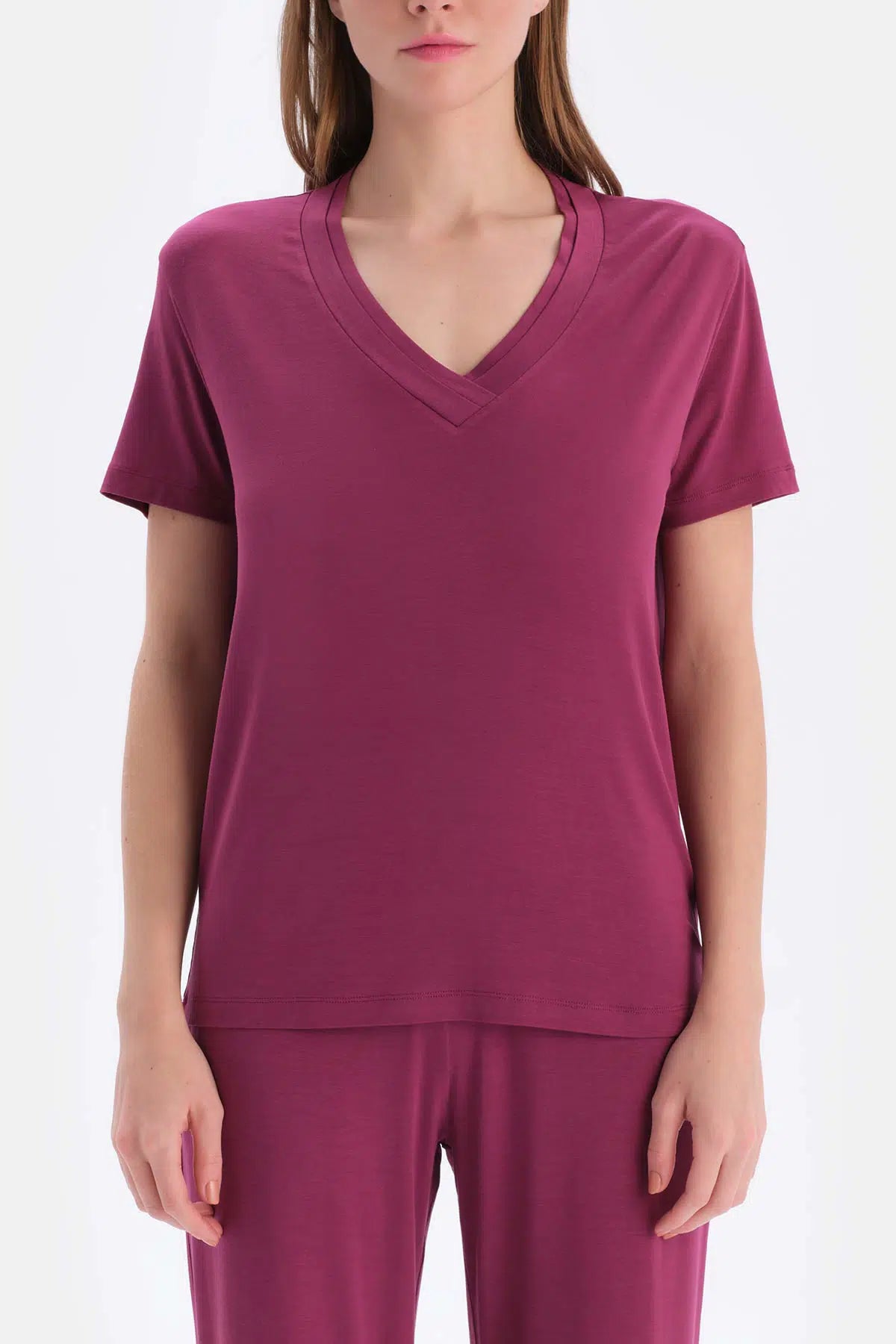 Bordo Kısa Kollu V Yaka Basıc Viskon Tişört Pantolon Pijama Takımı