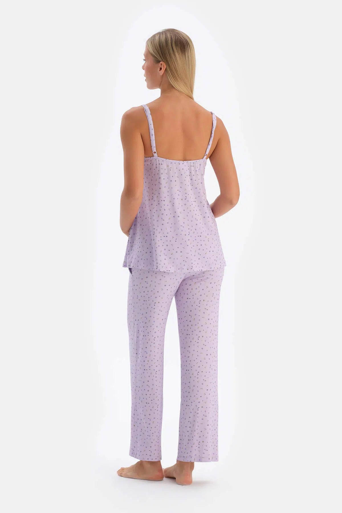 Lila Metraj Çiçek Baskılı Penye Modal Hamile Pijama Takımı
