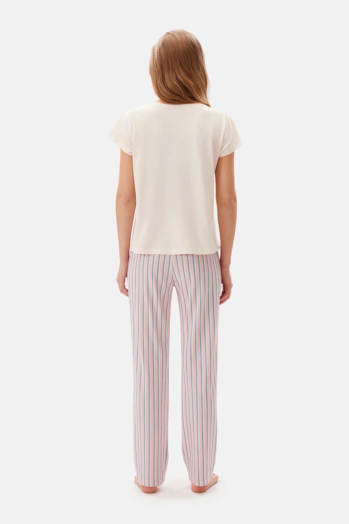 Ekru Bisiklet Yaka Çizgili Pamuklu Pijama Takımı