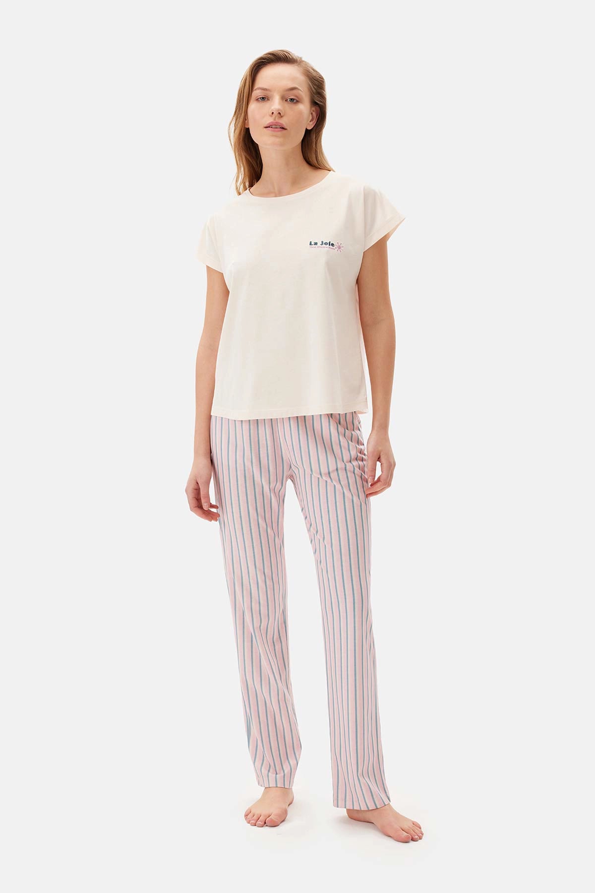 Ekru Bisiklet Yaka Çizgili Pamuklu Pijama Takımı