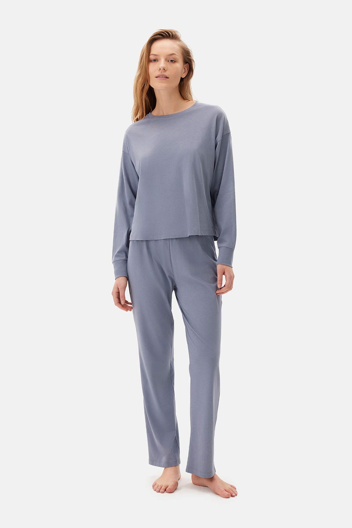 Mavi Uzun Kollu Celliant Pijama Takımı